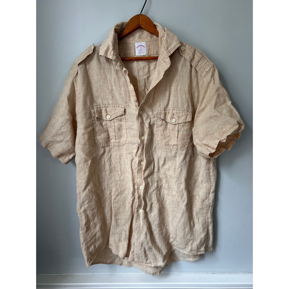 Brooks Brothers 346 Mens Tan 100% Linen Short Sleeve Safari Epaulet Shirt M